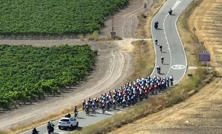 El pelotón de corredores durante el tránsito por una de las carreteras en Vuelta Ribera. / Trece Grados