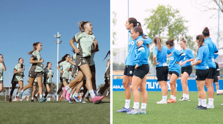Las plantilla de Real Madrid B (izq) y Alavés durante una de las sesiones de trabajo de la presente pretemporada. / Real Madrid y Alavés