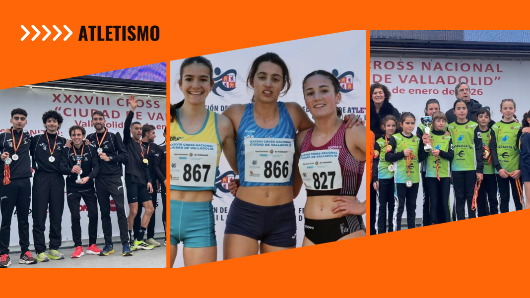 El 2º puesto de los arandinos del Atlético Salamanca (i) junto a la campeona Sub-18 Alejandra Ortuño y las pequeñas campeonas Sub-12 de Atletismo Aranda. / DUERO Deporte