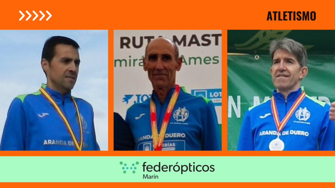 Los nuevos campeones de 3.000 metros máster Rafa de Andrés -centro- y César Cabestrero -dch- y el medalla de Bronce, David Gamarra. / DUERO Deporte