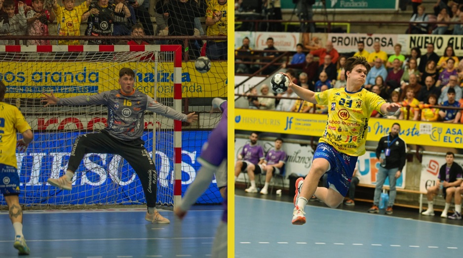 El portero portugués, Vasco Teixeira (i) y el pivote letón, Jevgenijs Rogonovs. / Arturo Sanz y Alberto Calvo