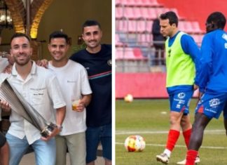 Frodo asciende a Primera Federación y Óscar de Frutos luchará por conseguirlo en play off Alfredo Sualdea 'Frodo', con el Trofeo de campeones del Grupo IV de Segunda Federación y Óscar de Frutos (d) durante un partido con el Numancia. / DUERO Deporte