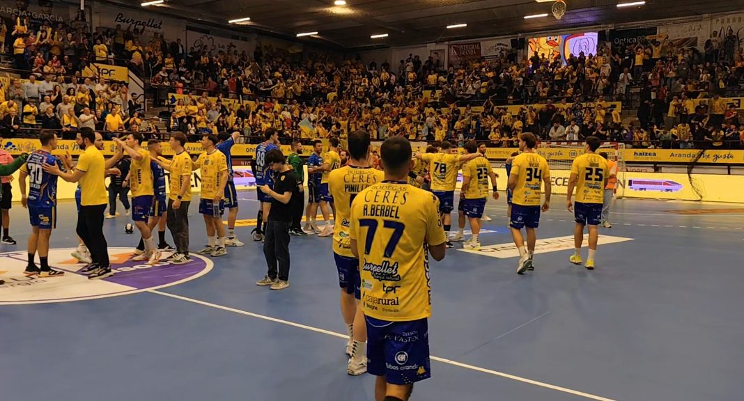 Celebración amarilla en la cancha tras el gran triunfo ante Caserío Ciudad Real. / DUERO Deporte