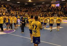 Un partido para enmarcar: el Villa de Aranda acaricia la permanencia en ASOBAL (32-26) Celebración amarilla en la cancha tras el gran triunfo ante Caserío Ciudad Real. / DUERO Deporte