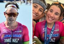 Estefanía Sanz y Javi Jiménez ejercen su resiliencia en el Campeonato de España Javi Jiménez (i) y Estefanía Sanz tras finalizar en extenuante Nacional de Media Distancia en Pamplona. / DUERO Deporte
