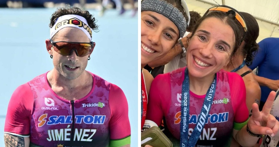 Javi Jiménez (i) y Estefanía Sanz tras finalizar en extenuante Nacional de Media Distancia en Pamplona. / DUERO Deporte