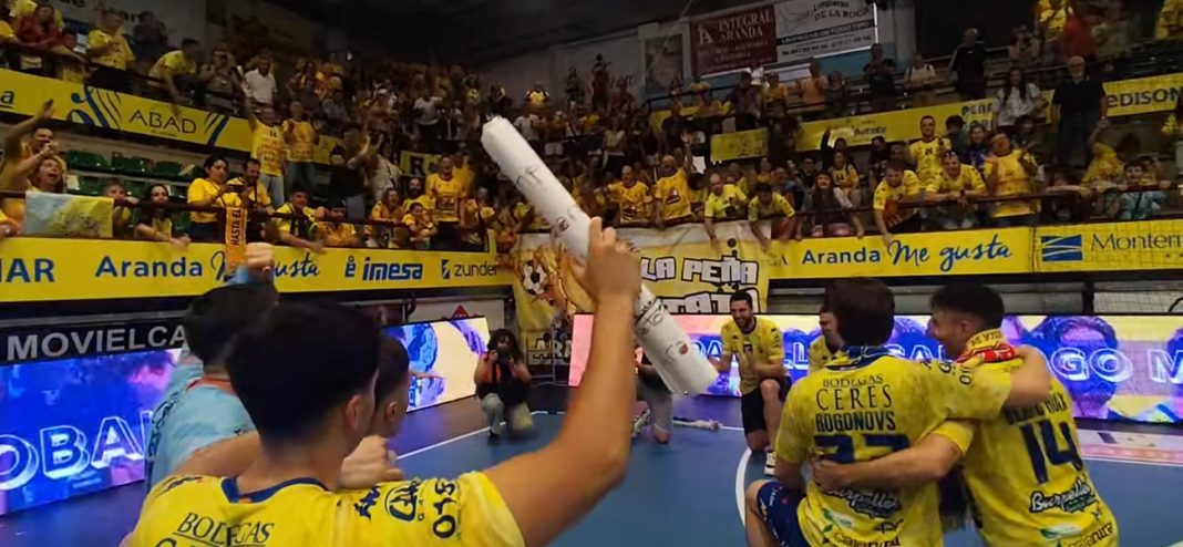 Elbinomio 'Equipo-Afición' celebró la victoria ante Ademar en casa, la décima de la temporada en el Santiago Manguán. / DUERO Deporte