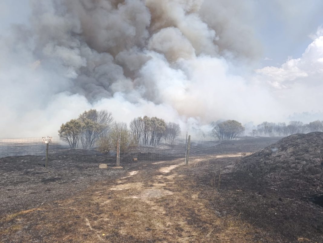 Imagen del fuego en el entorno del campo de tiro 'Andrés Cabestrero' totalmente arrasado. / DUERO Deporte